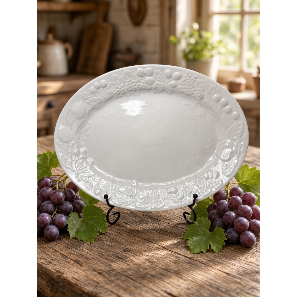 Gibson White China Oval Serving Platter Embossed Fruit Vine Border 13.5 Inch